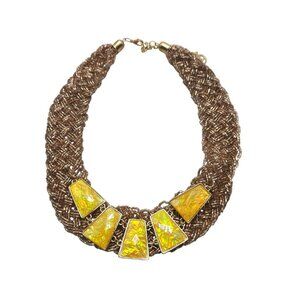 Chunky Yellow Statement Necklace With Braided Brown Beads Adjustable Chain